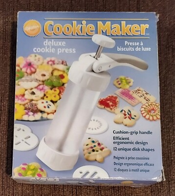 Vintage Wilton Cookie Maker Deluxe Press 12 Disk Shapes Cushion Handle Christmas