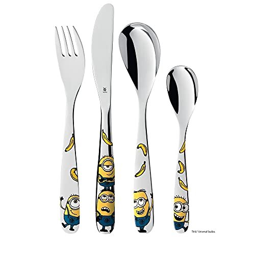 WMF Set posate bimbo Minions, 4 pezzi, posate colorate, posate acciaio inox 18/1