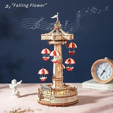 ROKR 3D Wooden Puzzle LED Parachute Tower Music Box DIY Model Kits Adults Gifts
