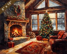 Holiday scene with a cozy room and Christmas tree oil painting 8x10 Print