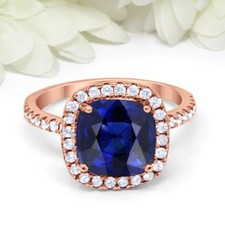 4.5Ct Cushion Cut Blue Sapphire Ring 14K Rose Gold Plated Simulated Diamond Halo
