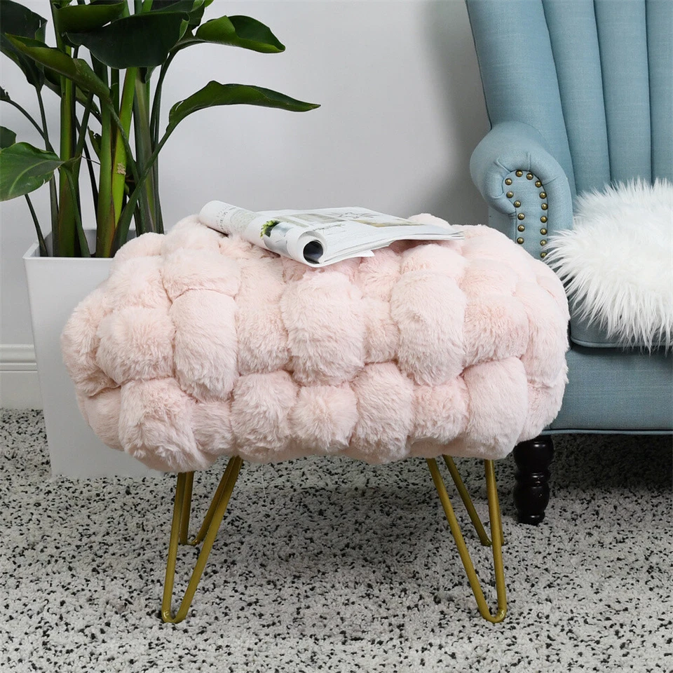 Handwoven Plush Faux Fur Vanity Stool Soft Ottoman Makeup Footrest w/ Metal Legs - Image 4 of 4