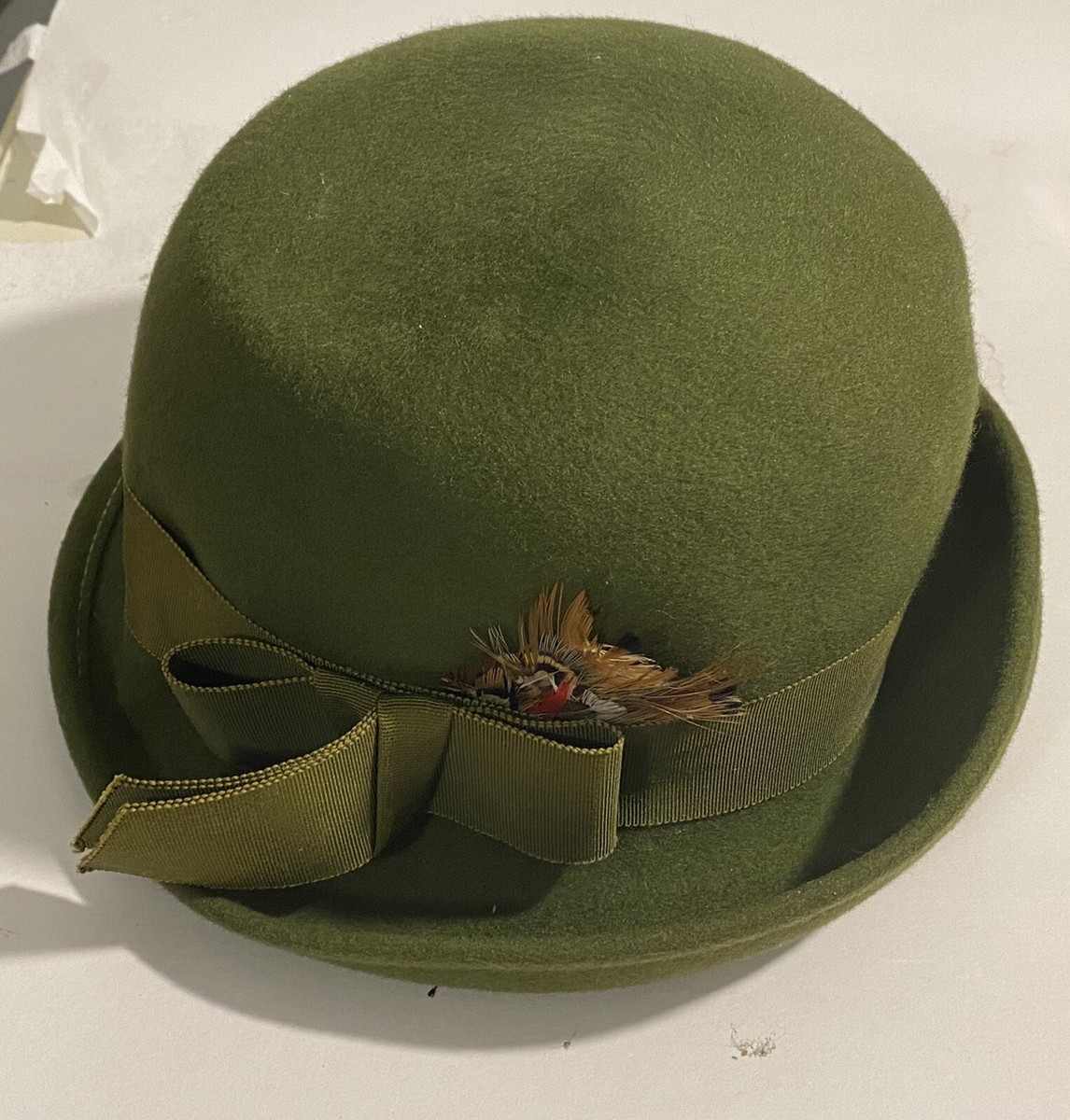 Vintage Women's Hat Glenover Henry Pollak Wool Size 23 Green Feather