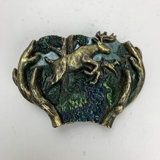 Leaping Buck  Doe Belt Buckle Brass  Enamel Stag Deer Great American Buckle Co