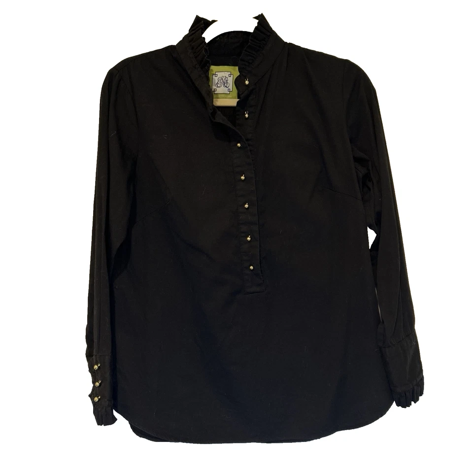 Blusa Elizabeth McKay Mujer 8 Negra Cuello Volantes Botones Dorados Estilo Esmoquin Foto 3 de 4