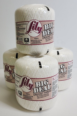 Lily Big Deal 100% Cotton Crochet Thread White Sz 10 3 Ply 4 Skeins 600 YDS Ea