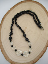 Antique Black Jet Mourning necklace hand strung faceted beads clear crystal 16"