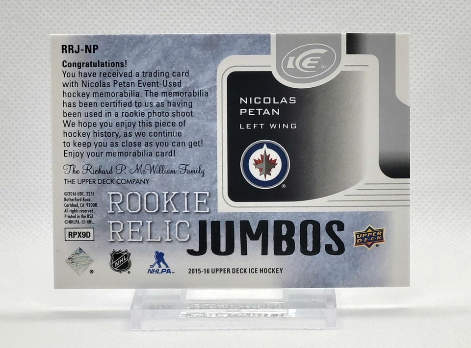 2015-16 Upper Deck ICE Rookie Relic Jumbos Nicolas Petan #RRJ-NP RC 036/299 - Image 2 of 2