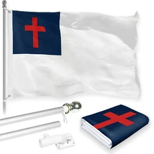 G128 Combo Pack: 5 Ft Aluminum Flagpole Silver & Christian Flag Printed 2x3 Ft