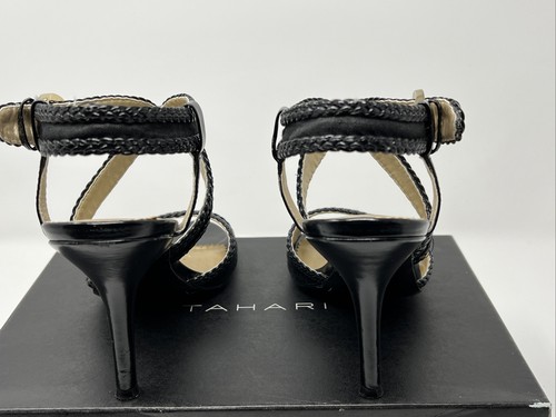 TAHARI LIMA SANDAL Size 9M BLACK ANKLE STRAP HEEL LEATHER SOLE - Picture 4 of 16