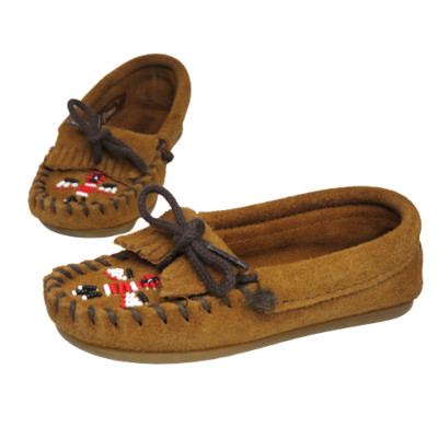 Minnetonka Kids Shoes Moccasins 7 Thunderbird Native American Tribal Suede Brown