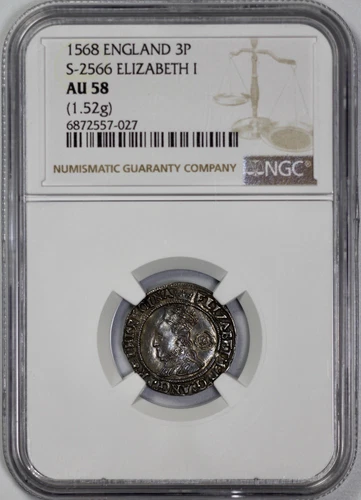 1568 England 3 Pence NGC AU 58 S-2566 Elizabeth I 1.5g