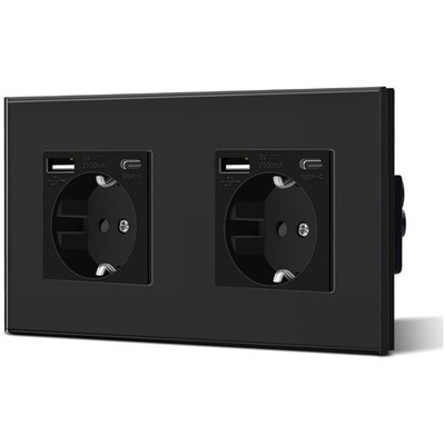 Steckdose, USB Ladegerät, Typ C Adapter - Wandmontage 2 Fach mit USB