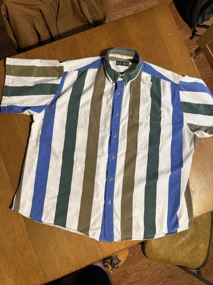 Винтажная бокс-офисная рубашка 3XL смелая полоса саржа джинсовый вид кнопка спереди 90-е винтажная - Изображение 2 из 4