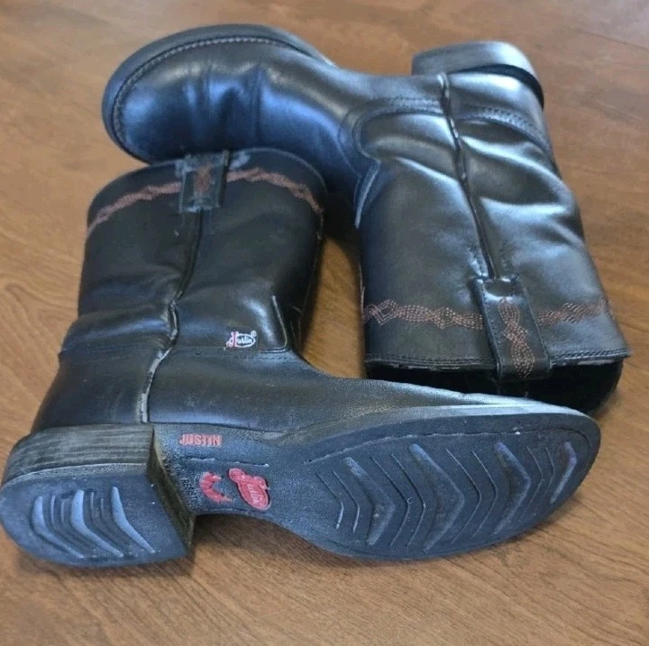 Justin Botas Western Niños Talla 6B Negro Punta Redonda Cuero Resistente Exterior Foto 2 de 4