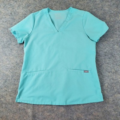 Figs Scrubs Womens Medium Green V Neck Short Sleeve Pocket Logo Stretch Pullover