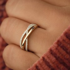 Round Simulated Diamond 14K Yellow Gold Plated Women's Criss Cross Wedding Ring