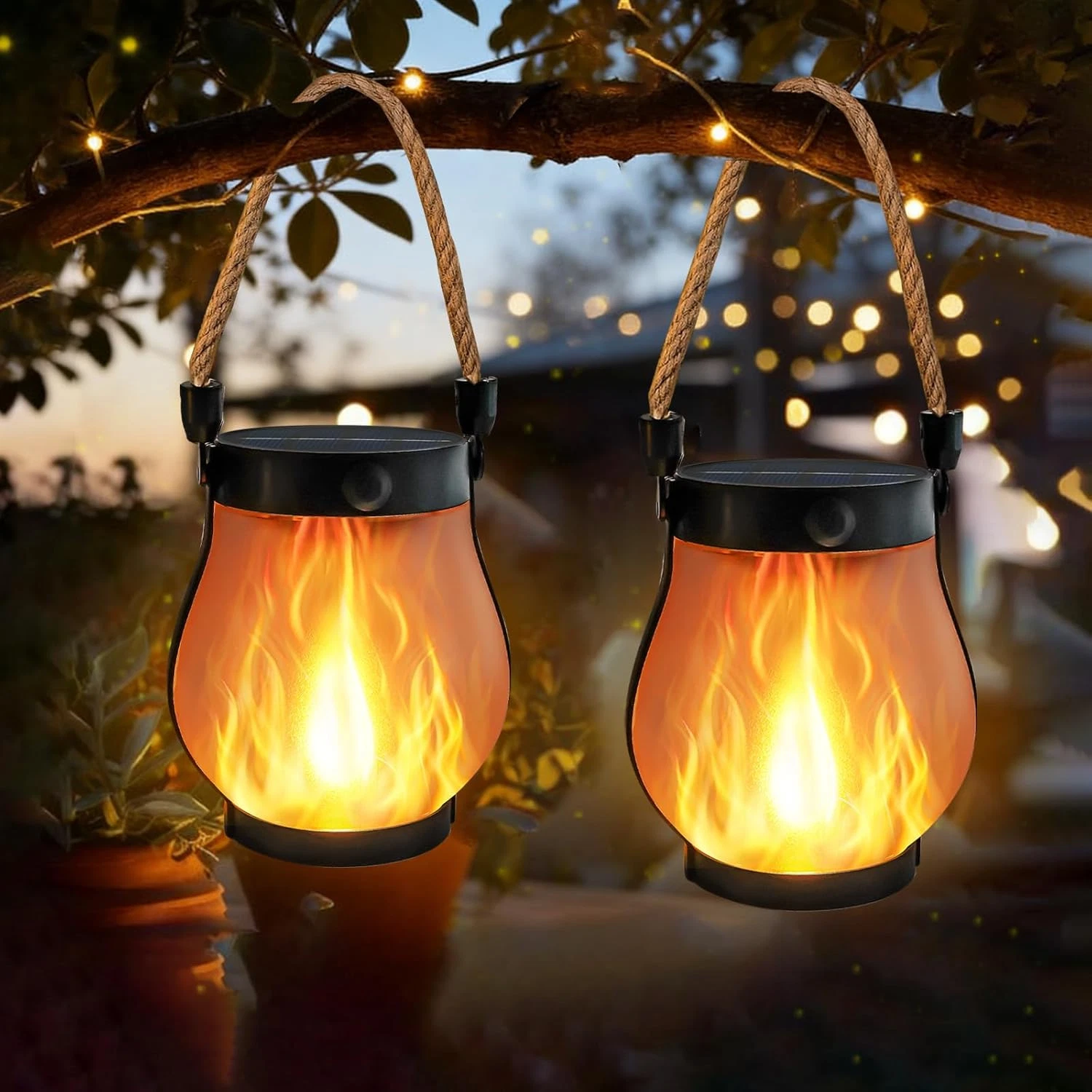 2 Pack Solar Lights Outdoor Waterproof, Solar Lantern with Dancing Flame, 2 Ligh