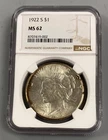 1922 S US 90% Silver Peace $1 NGC MS62 w/toning better date L24914