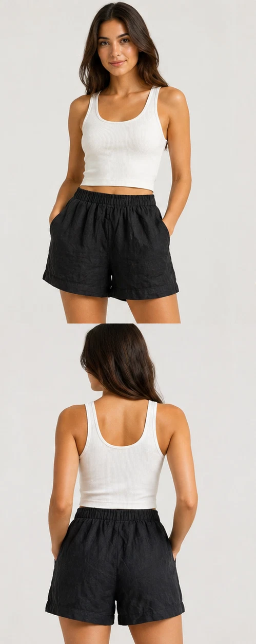 Assembly Label Linen Shorts Size 8 Black Relaxed Fit Summer Casual
