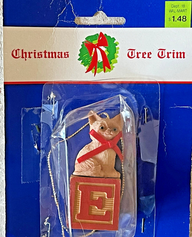 VTG 1970s Wal-Mart Kitten Cat on Wood Letter Block Ornament w/Original Package