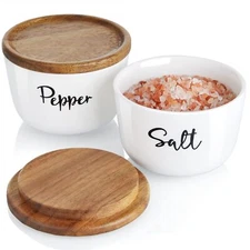 Salt and Pepper Bowls with Acacia Wood Lid Stacked Ceramic Containers 2-Pack