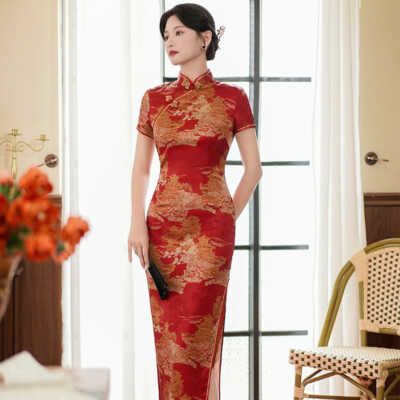 Ladies Chinese Red With Golden Ancient Scenery Prints Trim Dress Cheongsam Qipao | eBay Ladies Chinese Red With Golden Ancient Scenery Prints Trim Dress Cheongsam Qipao | eBay