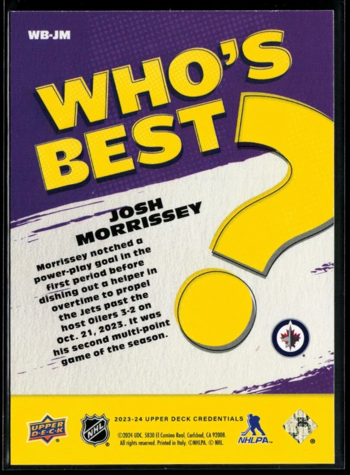 2023-24 Upper Deck Credentials Who's Best? #WB-JM Josh Morrissey - Image 2 of 2