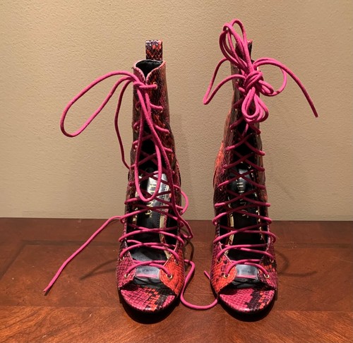 Liliana Sage-24A Lace-Up Open Toe Booties, Red Multi Snake, Size 5.5 - Picture 2 of 12