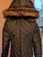 EDDIE BAUER PUFFER JACKET with FUR COLLAR, Size Medium. Gorgeous Gray/Teal.