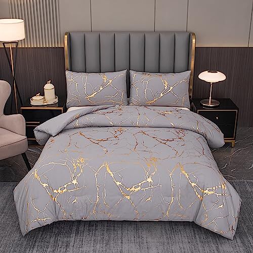 Gray Comforter Size, Grey and Gold Marble Bedding Set, 3 Pcs Queen Grey-gold