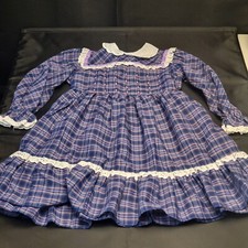 Vintage Polly Flinders Hand Smocked Dress Sz 5 Purple Plaid Lace Trim Long Sleev