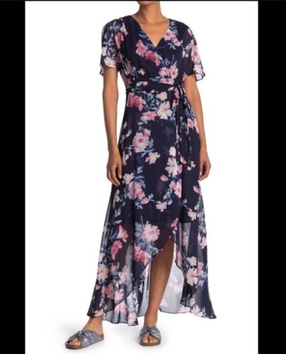 Eliza J Butterfly Sleeve High-Low Floral Maxi Dres