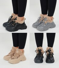 Womens Fur Trainers Sneakers Lace Up Comfy Chunky Sole Sports Boots Shoes