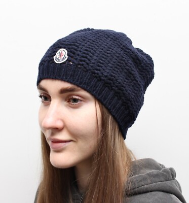 Authentic Women's MONCLER Berretto Knit Wool Beanie Navy Logo Hat