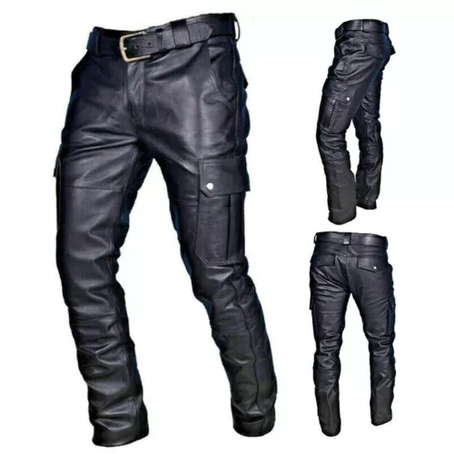 Jeans Uomo Steampunk Gotico Retrò Pantaloni Moto Pantaloni Vera Pelle - - Foto 3 di 15