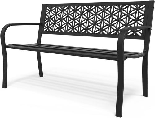 50" Outdoor Bench Metal with Floral Back, Garden Bench Front Porch Bench for Yar - Picture 11 of 12