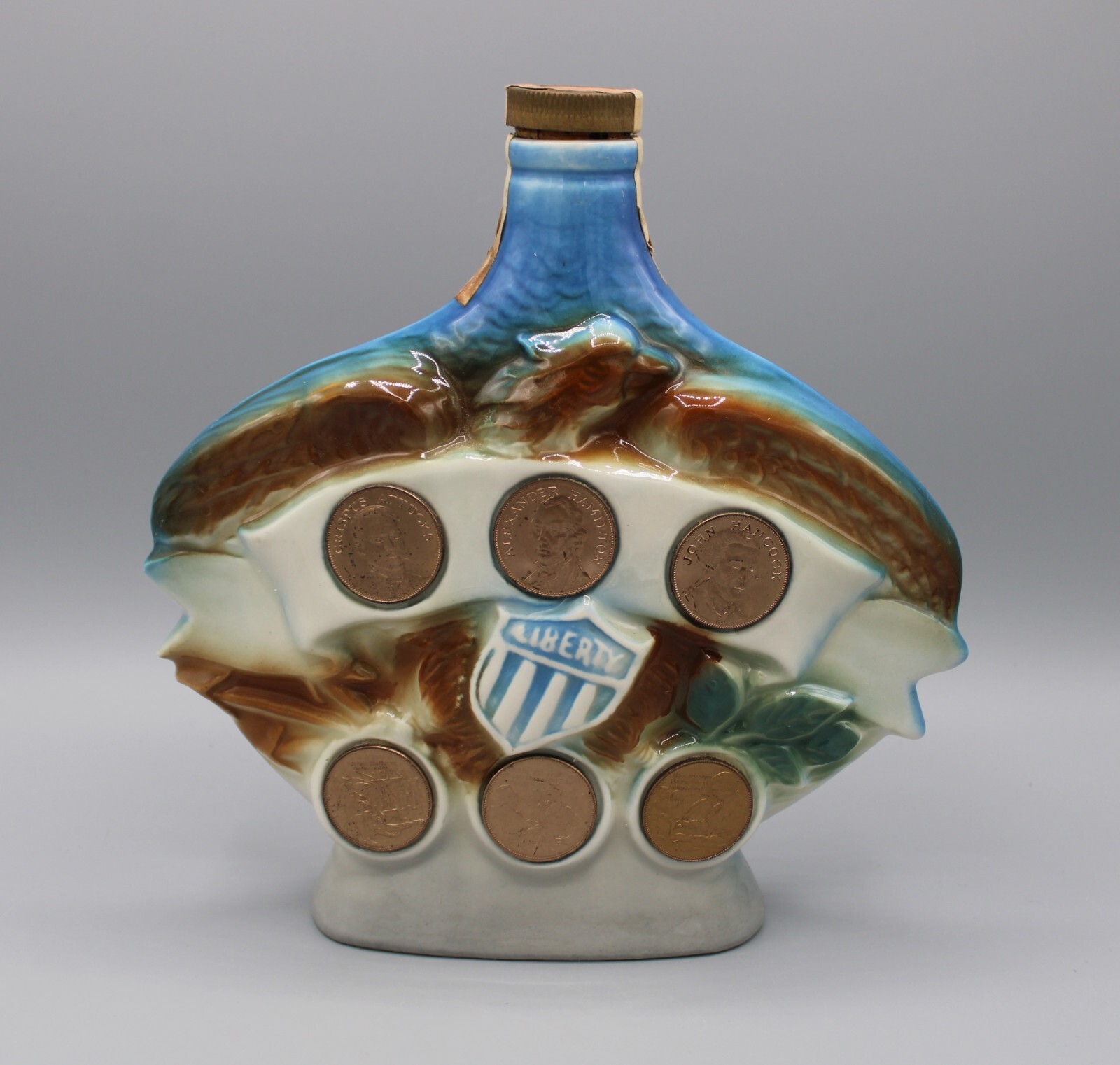 Vintage 1970 Jim Beam Liberty Bell Whiskey Decanter 6 Coins Hancock