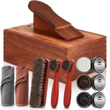 9 Pcs Shoe Shine Valet Box Including 1 Wooden Storage Box, 3 Colors Shoe Crea...