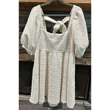 Women’s FREE PEOPLE Puff Sleeves Ivory Violet Mini square neck Dress Size L *C2