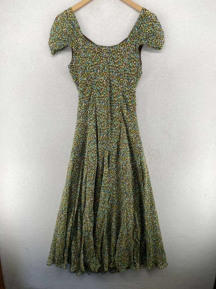 Vestido TALBOTS 4 Pura Seda Gasa Línea A Maxi Cottagecore Manga Gorra Verde Foto 3 de 4