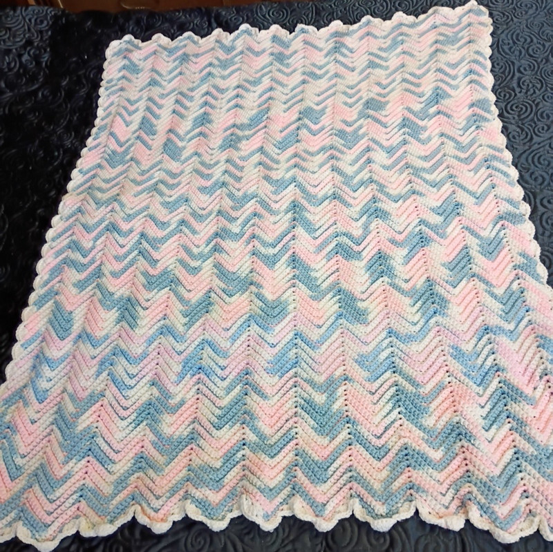 Hand Crafted Crocheted Pastel Pink, Blue And White Baby Afghan. Chevron Pattern