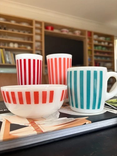 Vintage Hazel Atlas Candy Stripe Milk Glass Mug,Tumbler,Bowl Set of 4