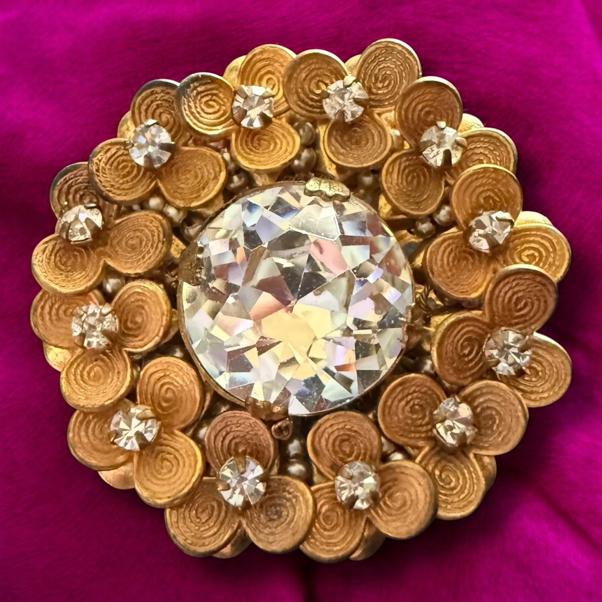 Miriam Haskell Brooch Signed Horseshoe Cartouche Rhinestone Flower