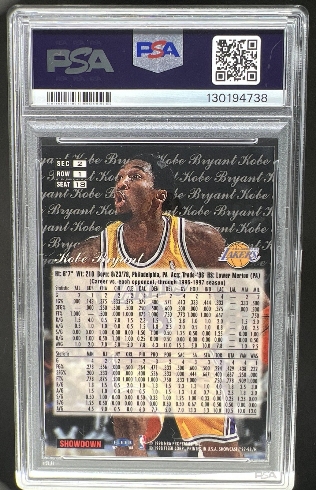 1997-98 Fleer Flair Showcase Kobe Bryant Row 1 #18 Lakers PSA 7 view 2