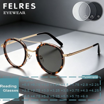 Men Metal Round Photochromic Reading Glasses Double Bridge Presbyopic Sunglasses