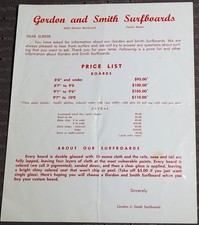 1960's GORDON and SMITH Surboards 8" x 10" Original Handbill Flyer Price List