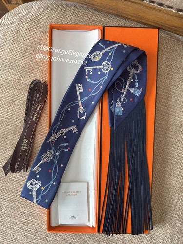 Hermes Scarf  leather fringes Twilly Les Cles a Pois BNIB, Bleu Marine Color