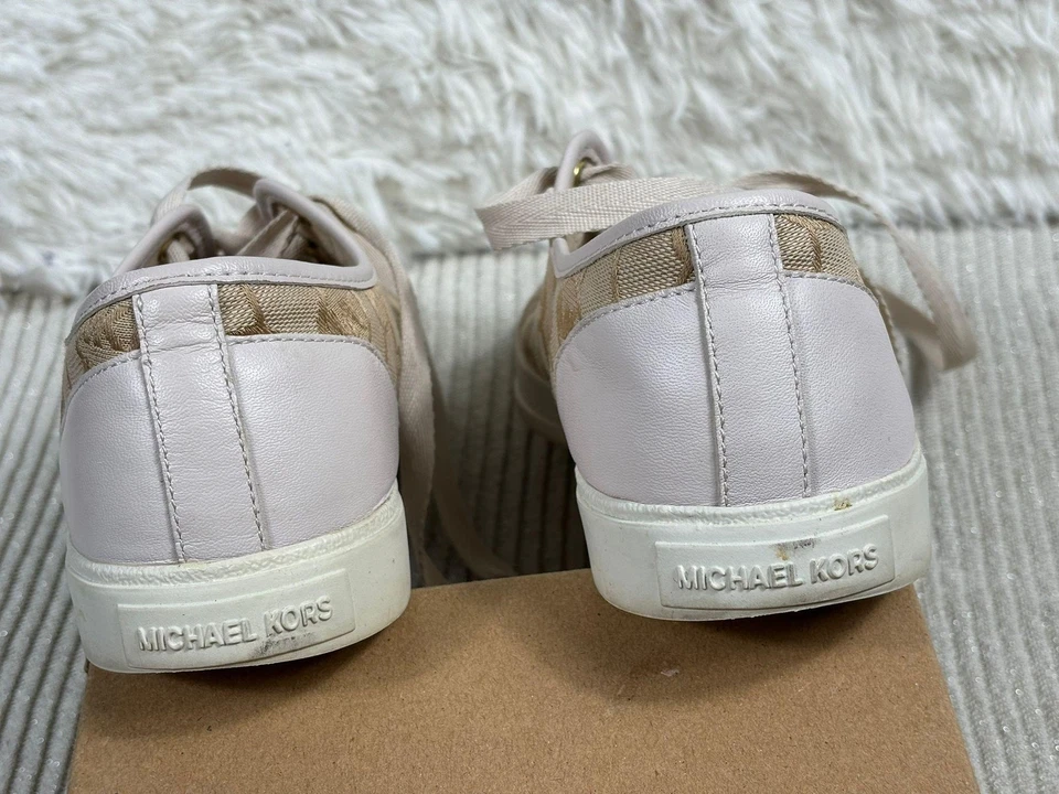 Michael Kors Shoes Womens Size 8.5 Beige Logo Canvas Leather Sneakers MK - Image 3 of 4