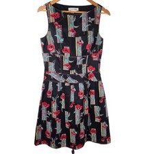 Kay Unger VTG Retro Fit & Flare Dress Black Red Floral Geometric Print 10 Pinup 